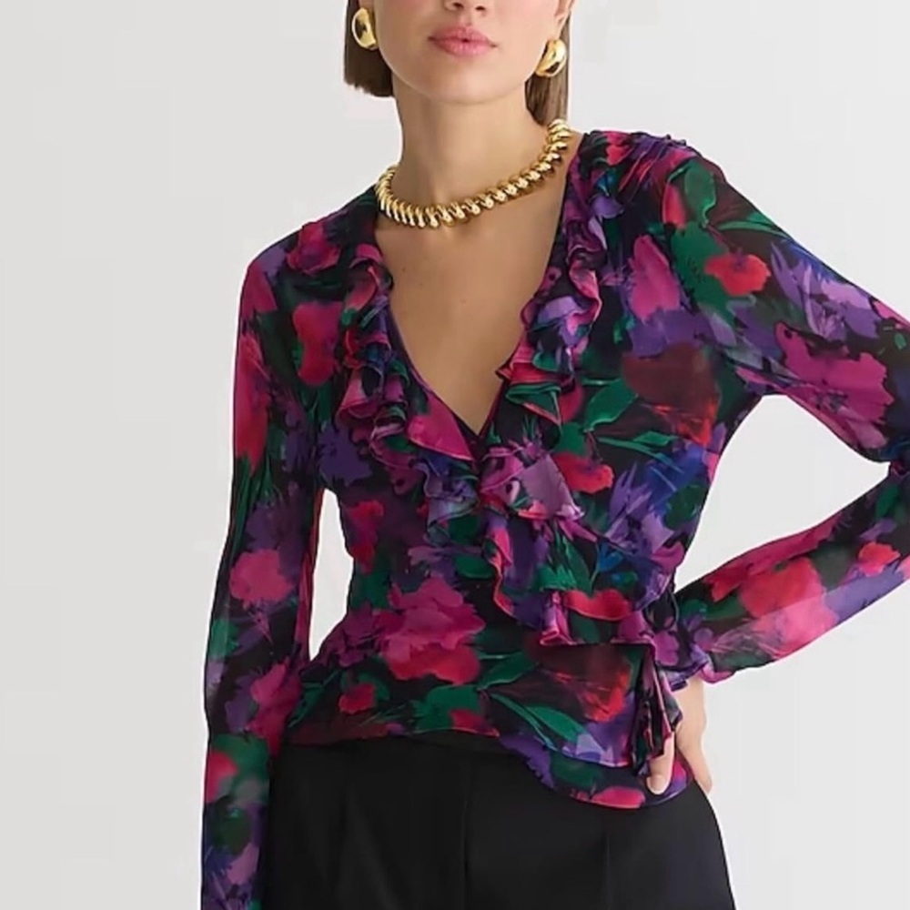 NWT J. Crew Ruffle Wrap Blouse In Dark Floral Chiffon Blend Sz 0